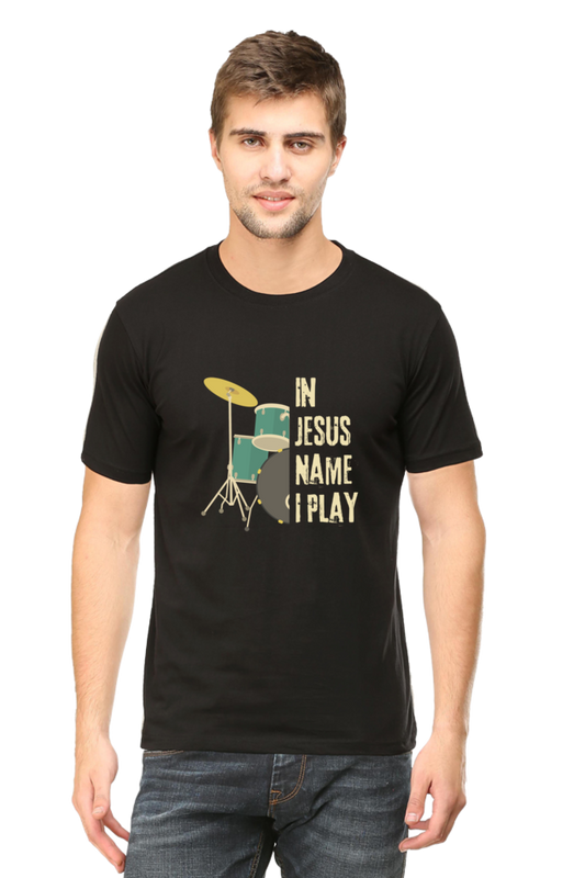 In Jesus Name I Play (Drums): Round neck, short-sleeve tee