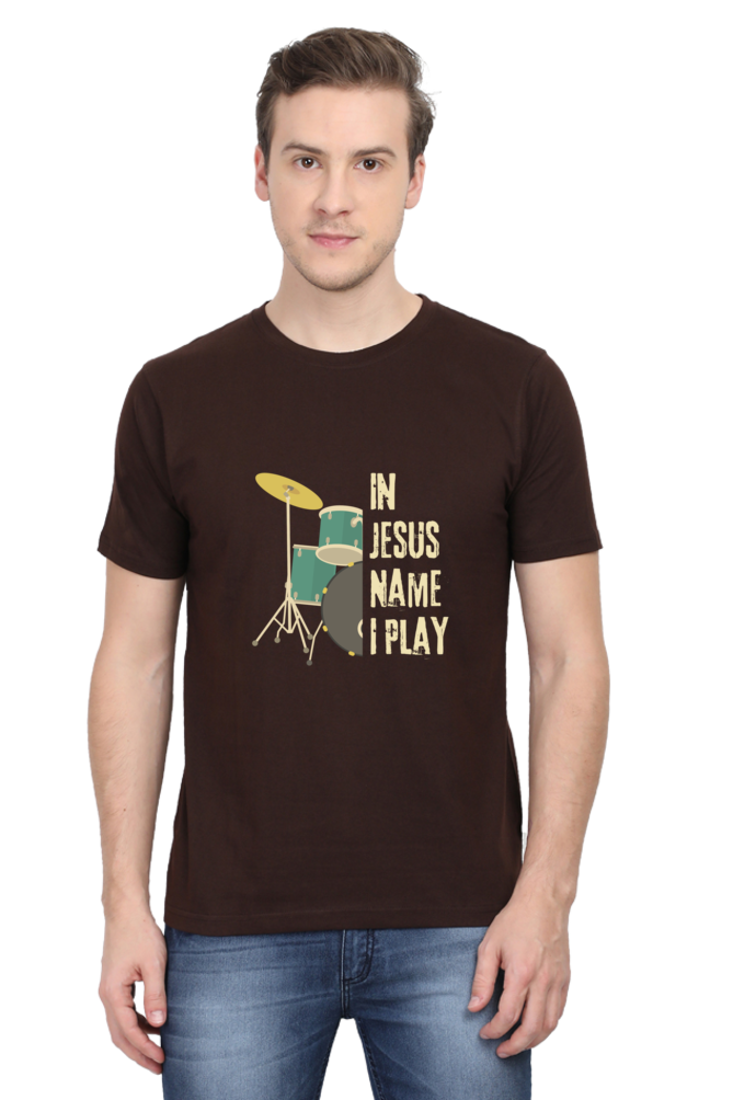 In Jesus Name I Play (Drums): Round neck, short-sleeve tee